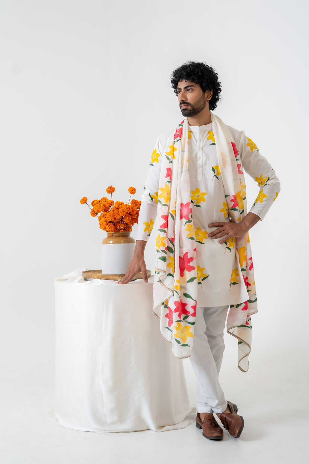 Handpainted and Hand embroidered Ivory Lily Lehenga and Kurta Twin Outfit