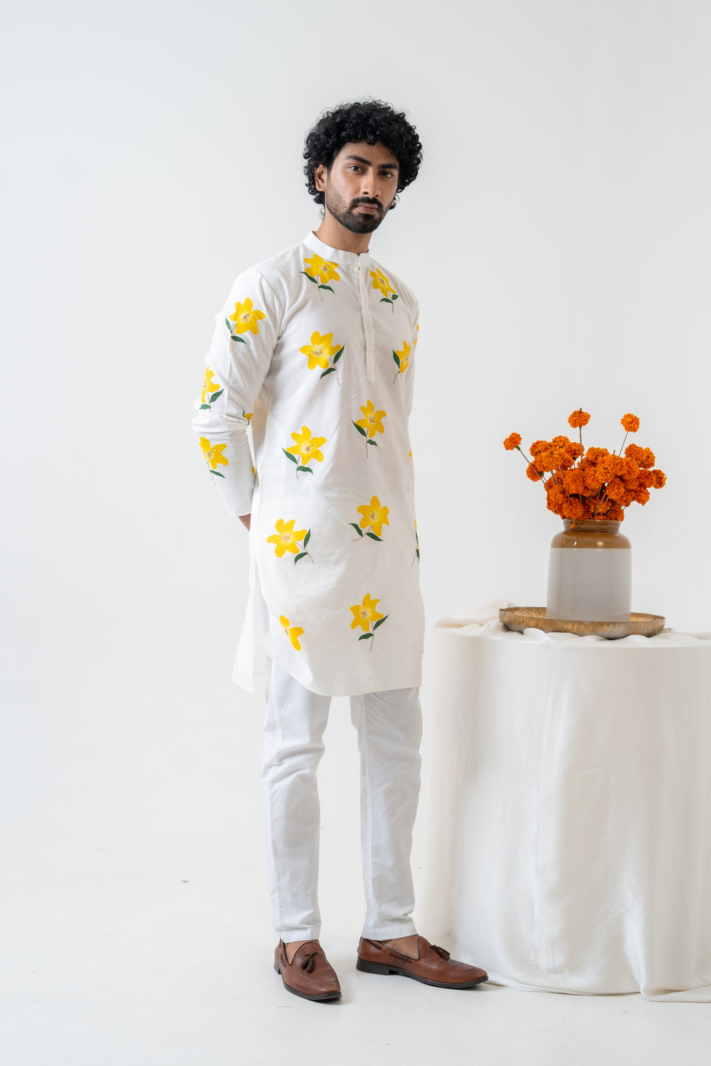 Handpainted and Hand embroidered Ivory Lily Lehenga and Kurta Twin Outfit