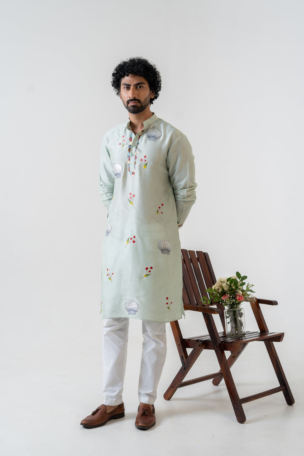 Handpainted and Handembroiderd Sea Green Marine Saree and Kurta Twin Outfit