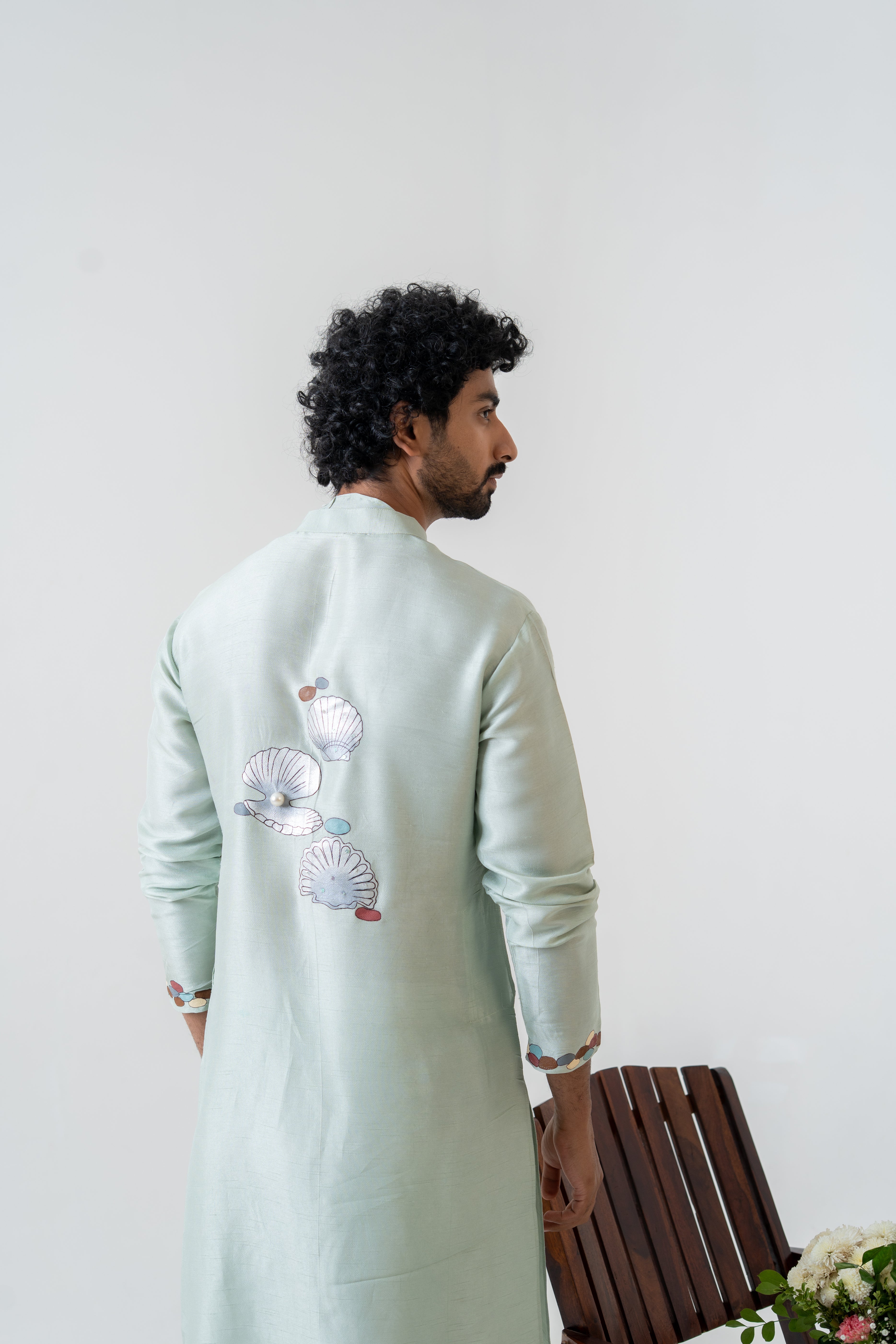 Handpainted and Handembroiderd Sea Green Marine Saree and Kurta Twin Outfit