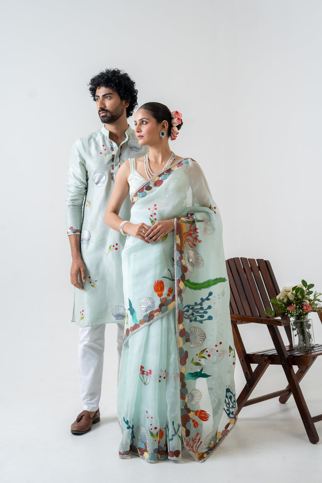 Handpainted and Handembroiderd Sea Green Marine Saree and Kurta Twin Outfit