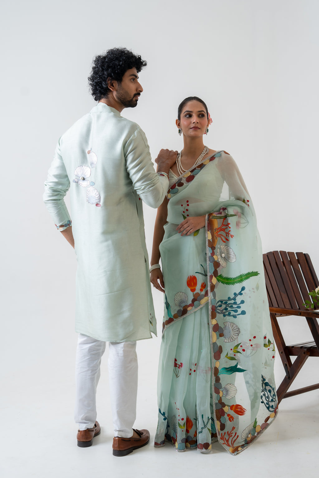 Handpainted and Handembroiderd Sea Green Marine Saree and Kurta Twin Outfit