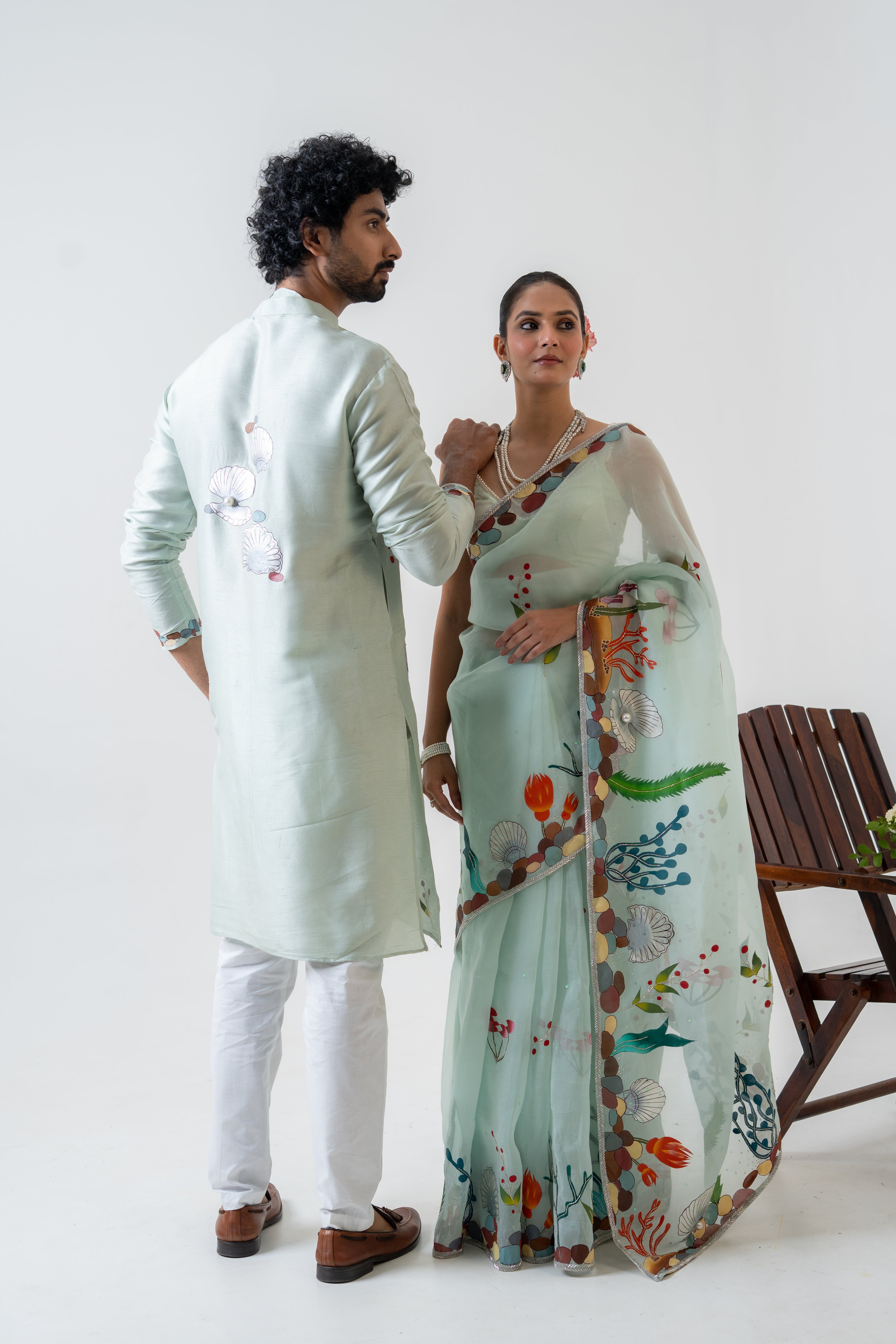 Handpainted and Handembroiderd Sea Green Marine Saree and Kurta Twin Outfit