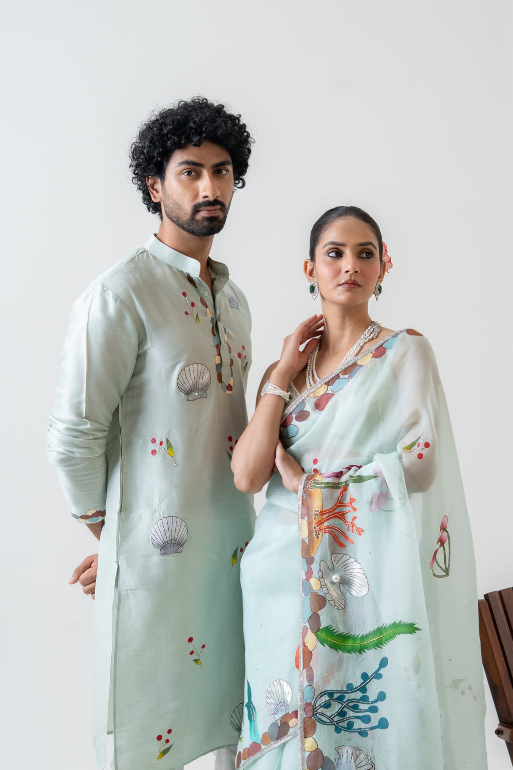 Handpainted and Handembroiderd Sea Green Marine Saree and Kurta Twin Outfit