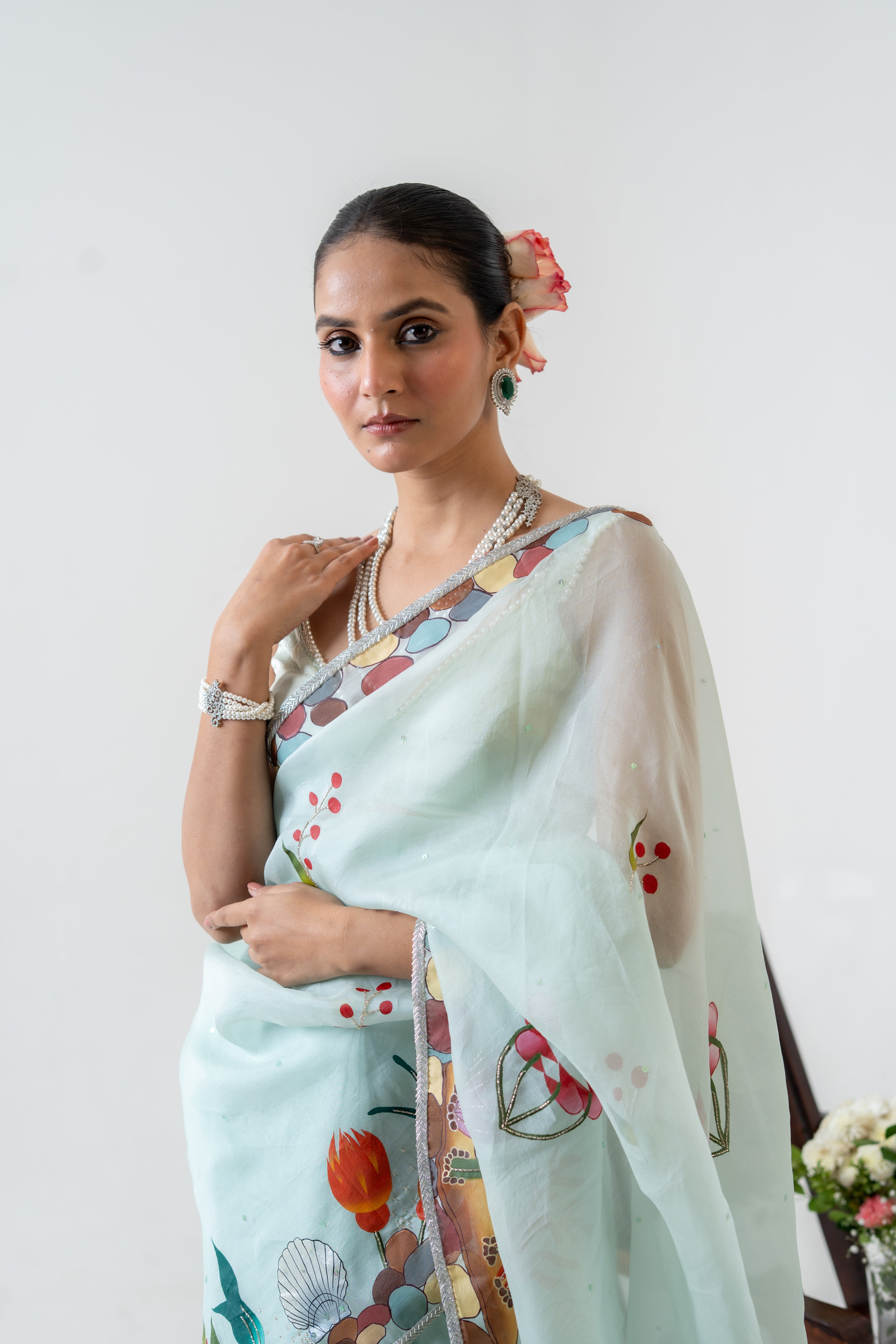 Handpainted and Handembroiderd Sea Green Marine Saree and Kurta Twin Outfit