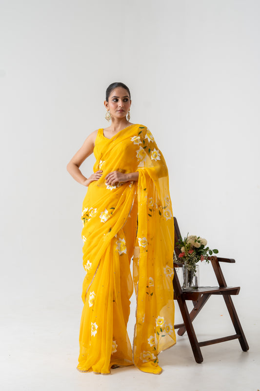 Sun-Drenched Elegance: Hand-Painted Yellow Chiffon Saree with Sequin Detailing
