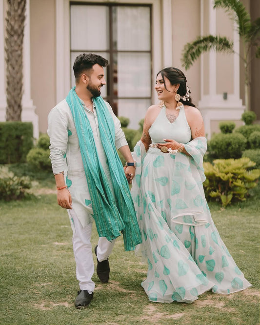 Matching Hand-Painted Pastel Green Lehenga and Kurta