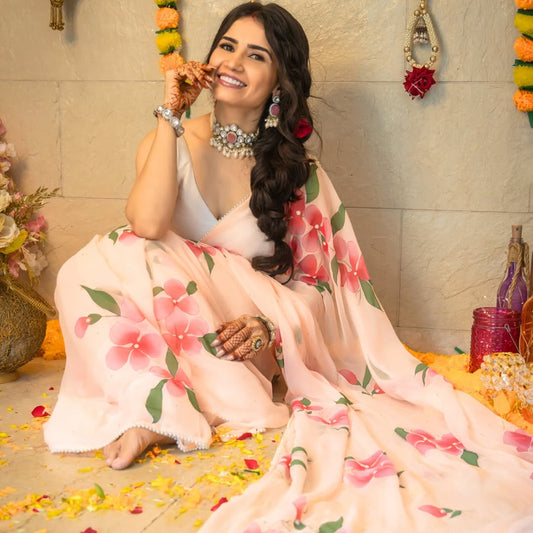 Hand Painted Peach Floral Chiffon Saree