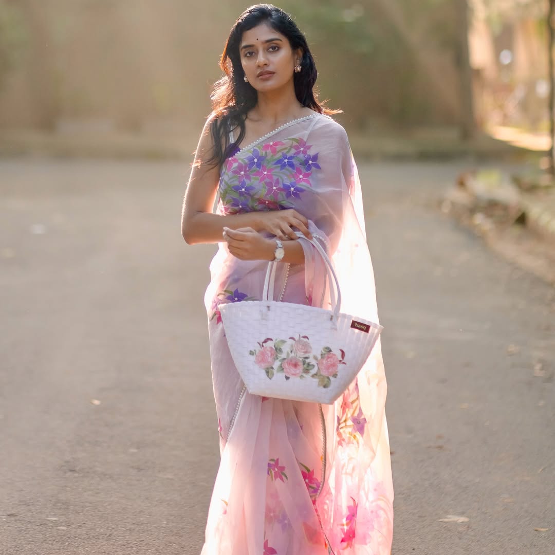 Hand-Painted Pastel Mauve Whimsical Butterfly Silk Organza Saree