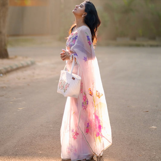 Hand-Painted Pastel Mauve Whimsical Butterfly Silk Organza Saree