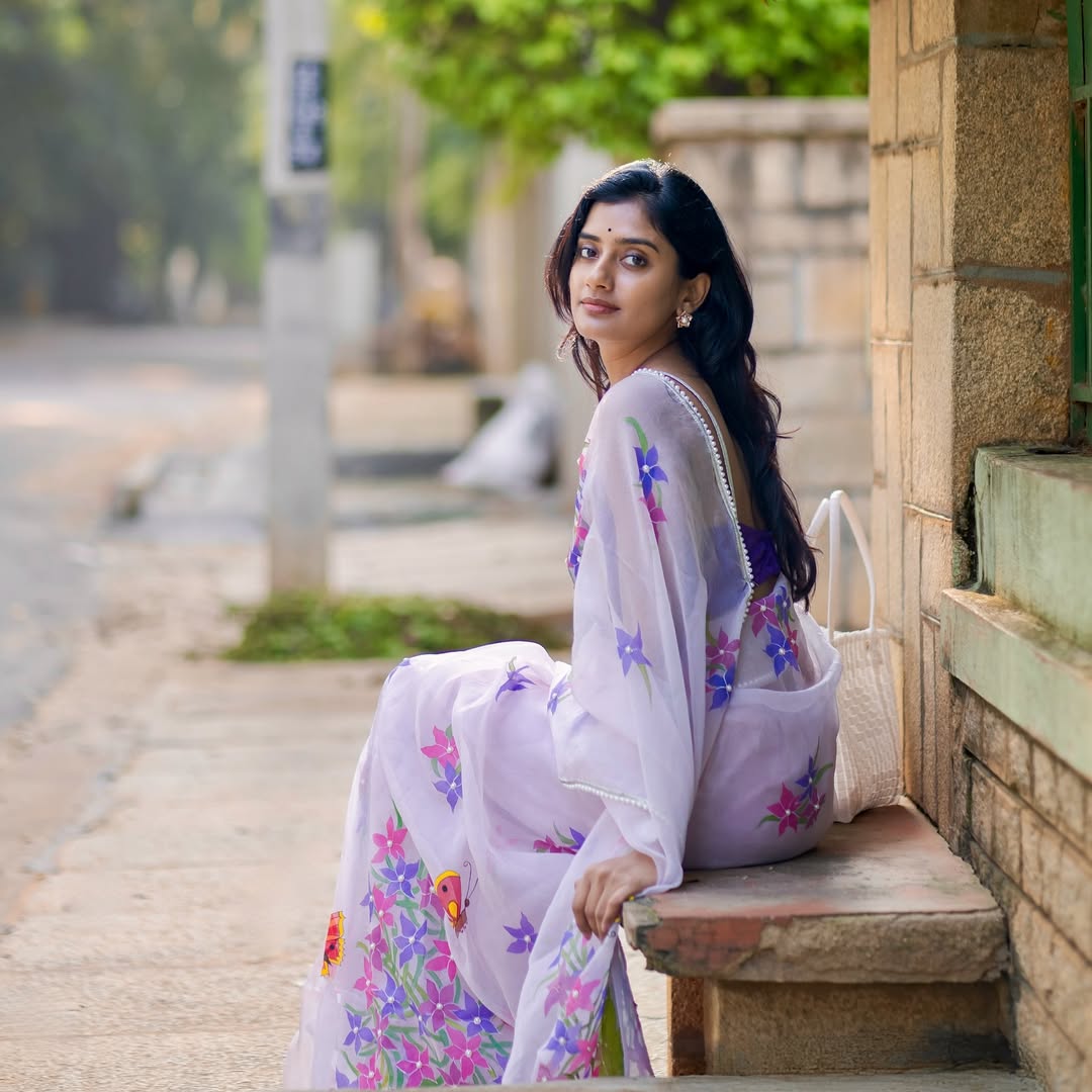 Hand-Painted Pastel Mauve Whimsical Butterfly Silk Organza Saree