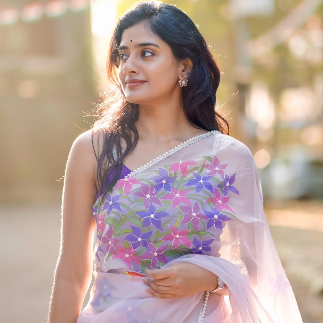 Hand-Painted Pastel Mauve Whimsical Butterfly Silk Organza Saree