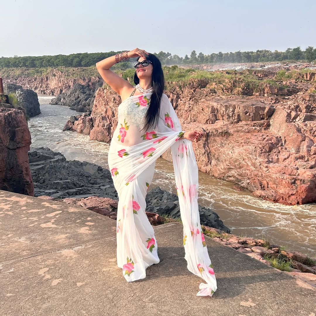 HandPainted and Hand embroidered White Floral Chiffon Saree
