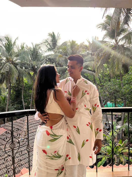 Hand-Painted Tulips Saree and Kurta