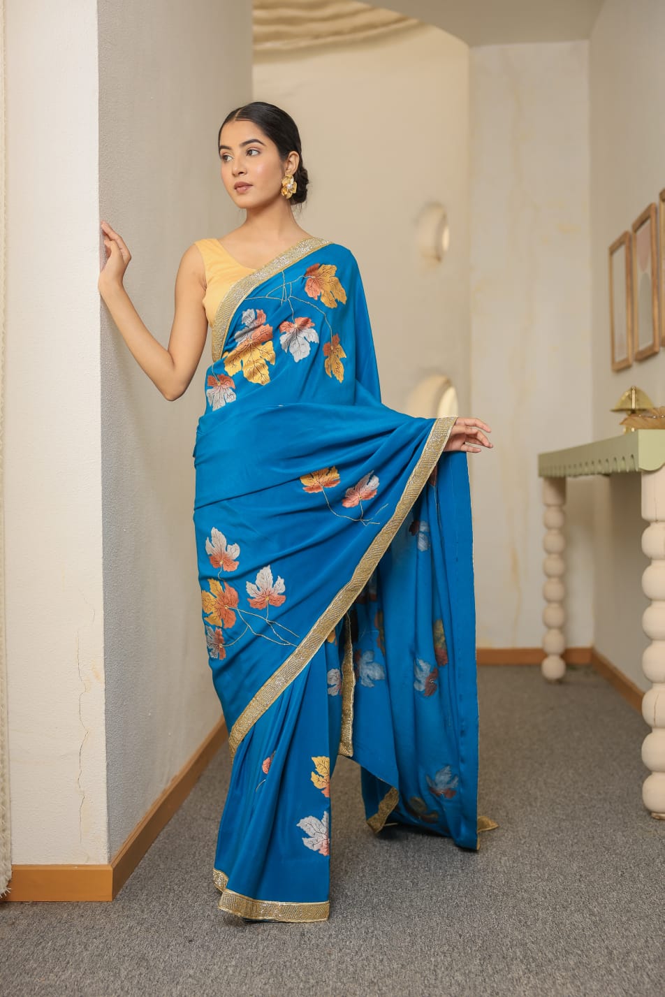Turquoise Pure Crepe Silk Saree with Hand-painted Glass Beads