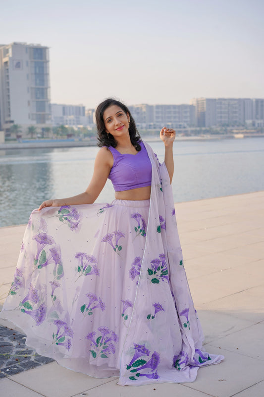 Hand-painted lilac bell flower silk organza lehenga