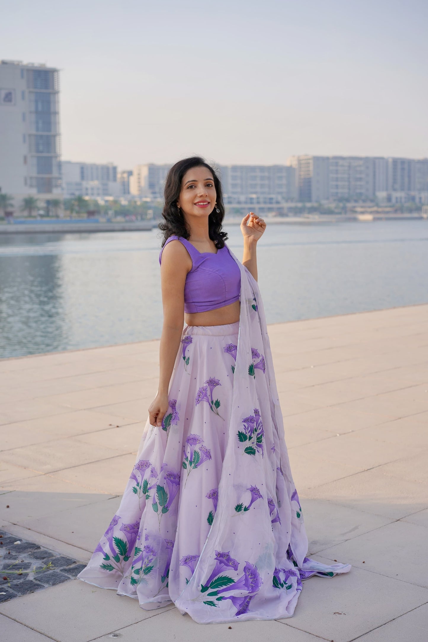 Hand-painted lilac bell flower silk organza lehenga