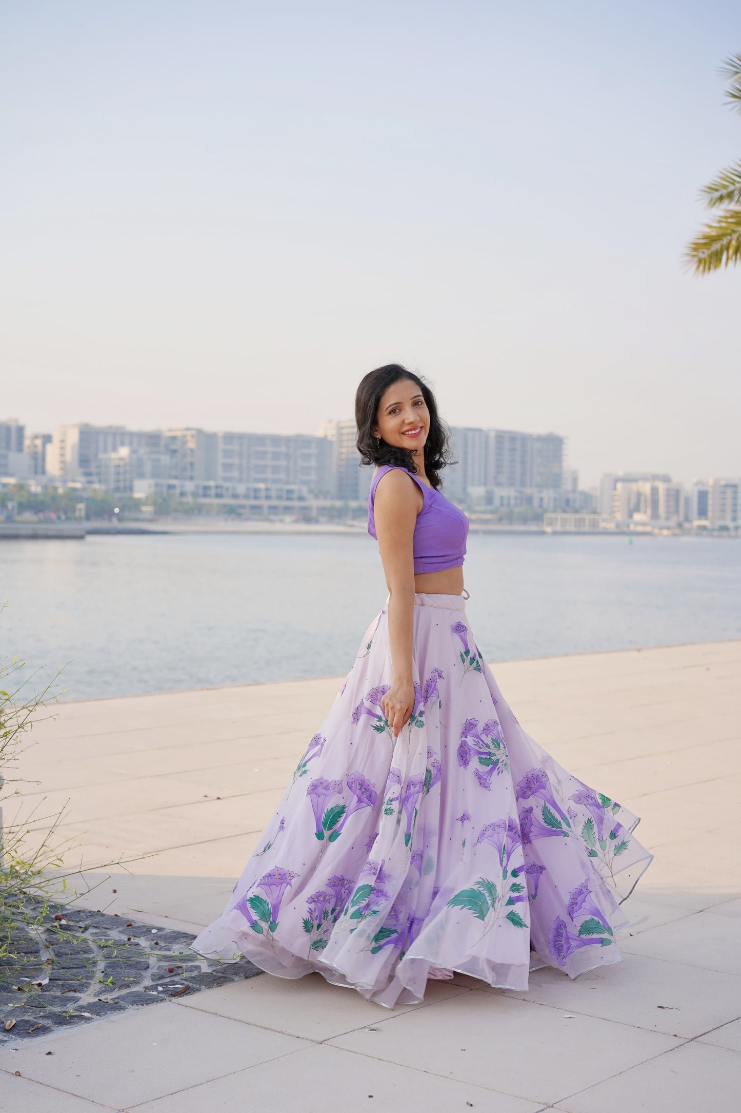 Hand-painted lilac bell flower silk organza lehenga