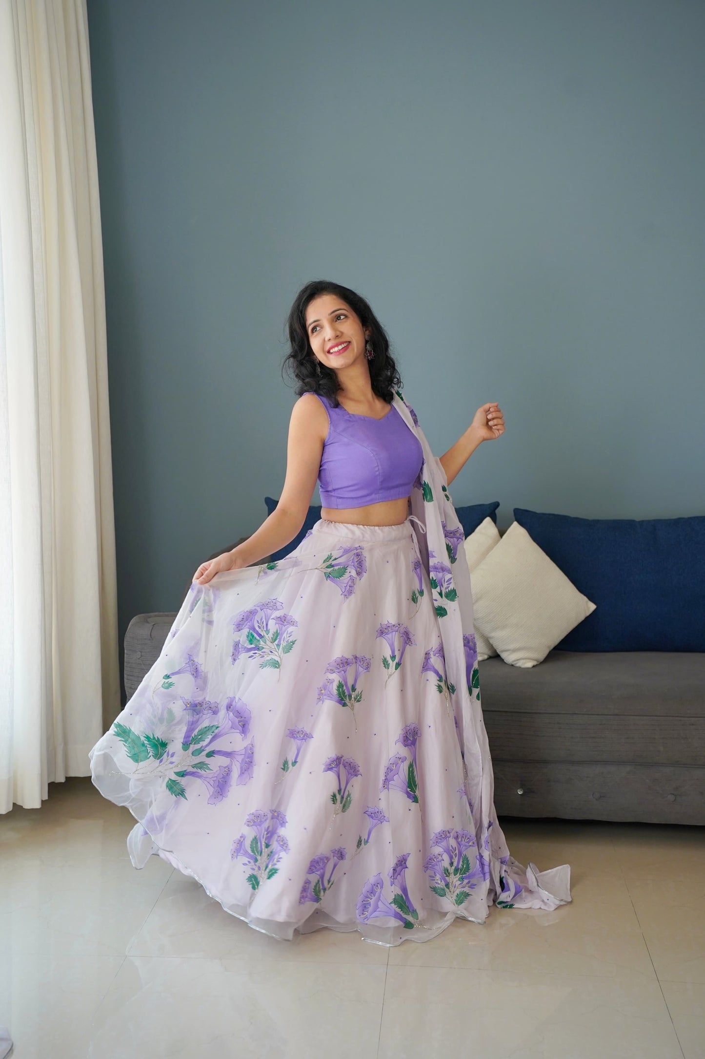 Hand-painted lilac bell flower silk organza lehenga