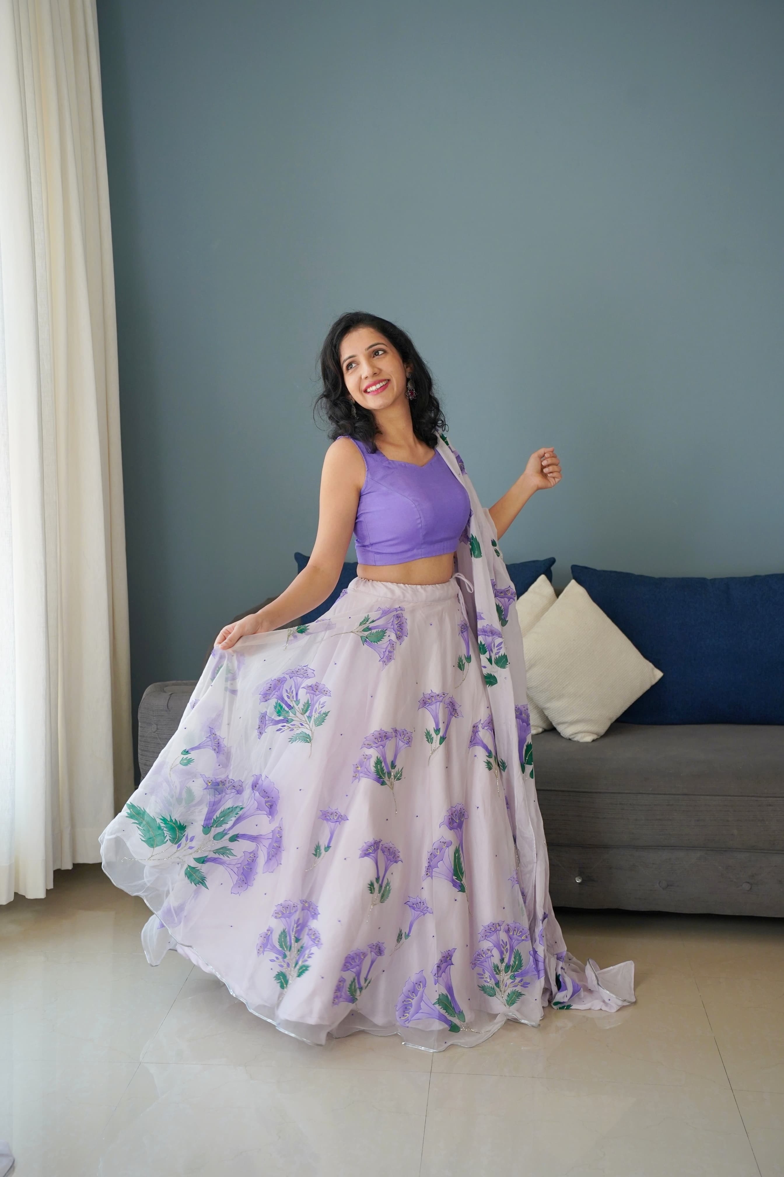 Hand-painted lilac bell flower silk organza lehenga