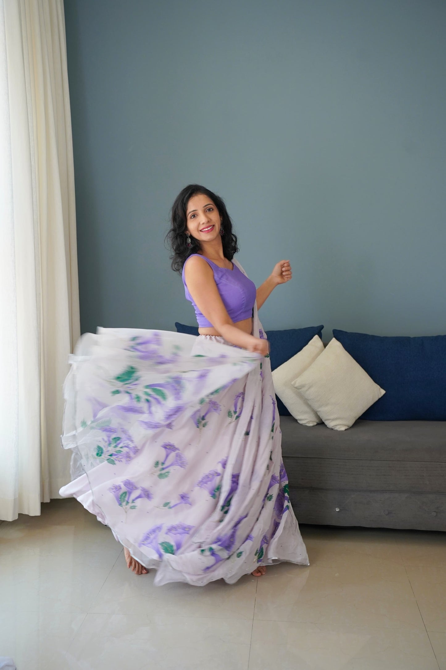 Hand-painted lilac bell flower silk organza lehenga