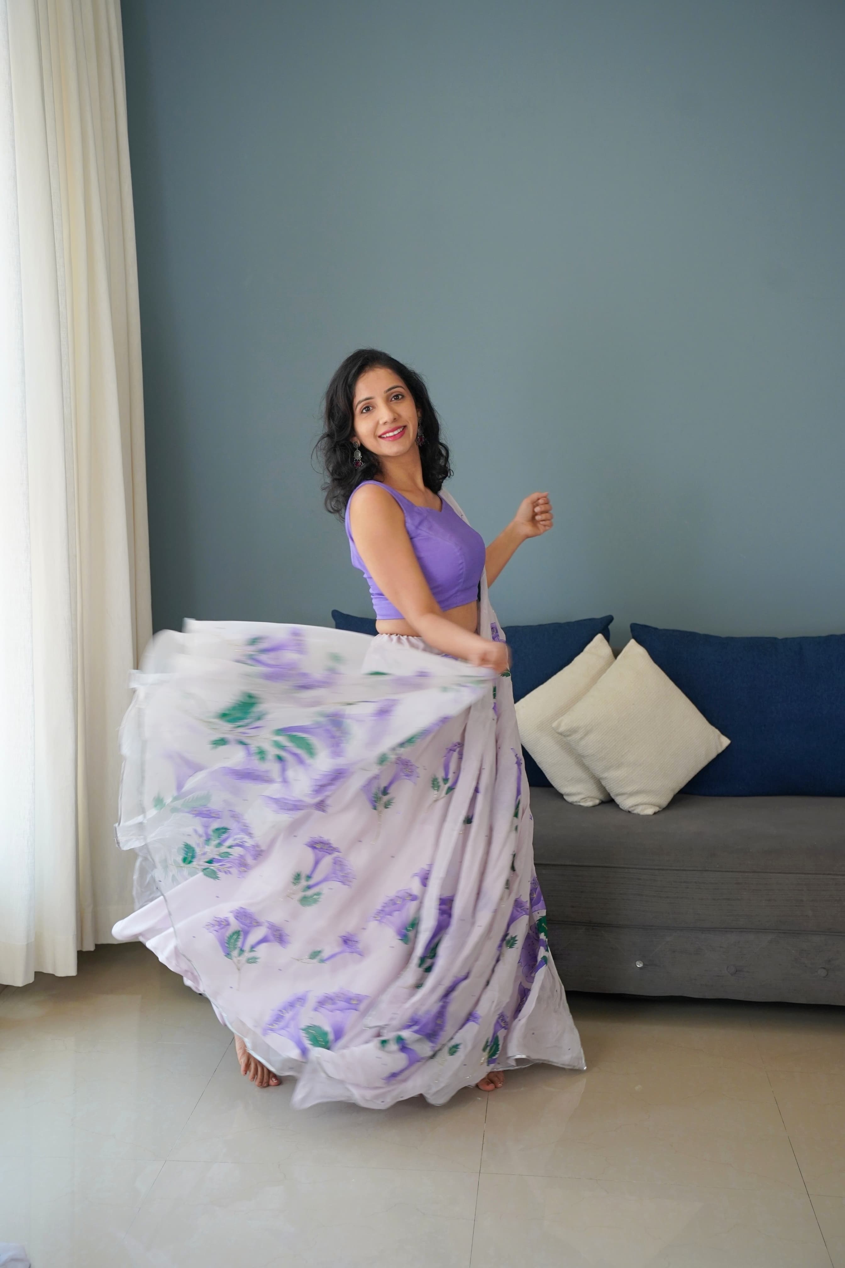 Hand-painted lilac bell flower silk organza lehenga