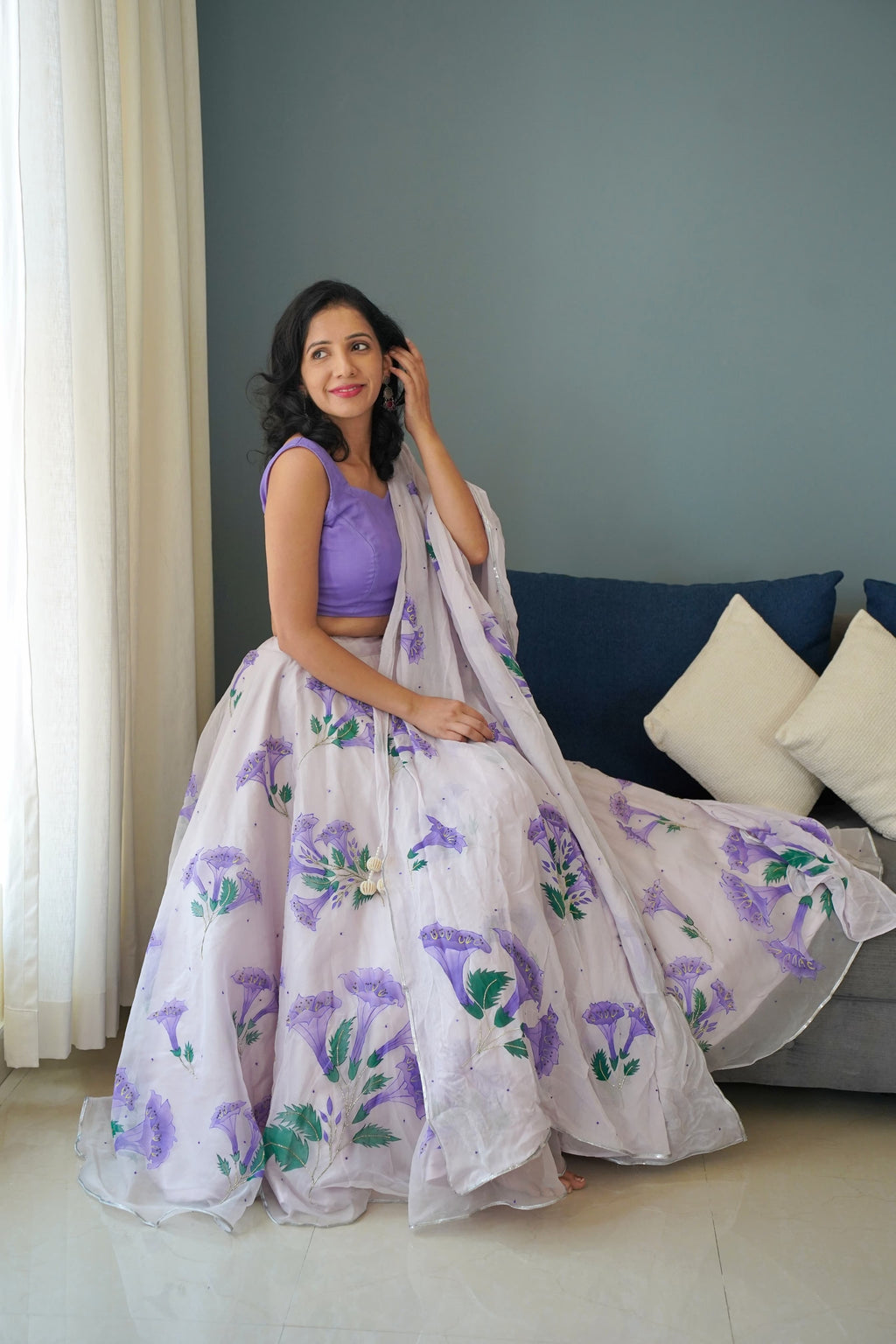 Hand-painted lilac bell flower silk organza lehenga
