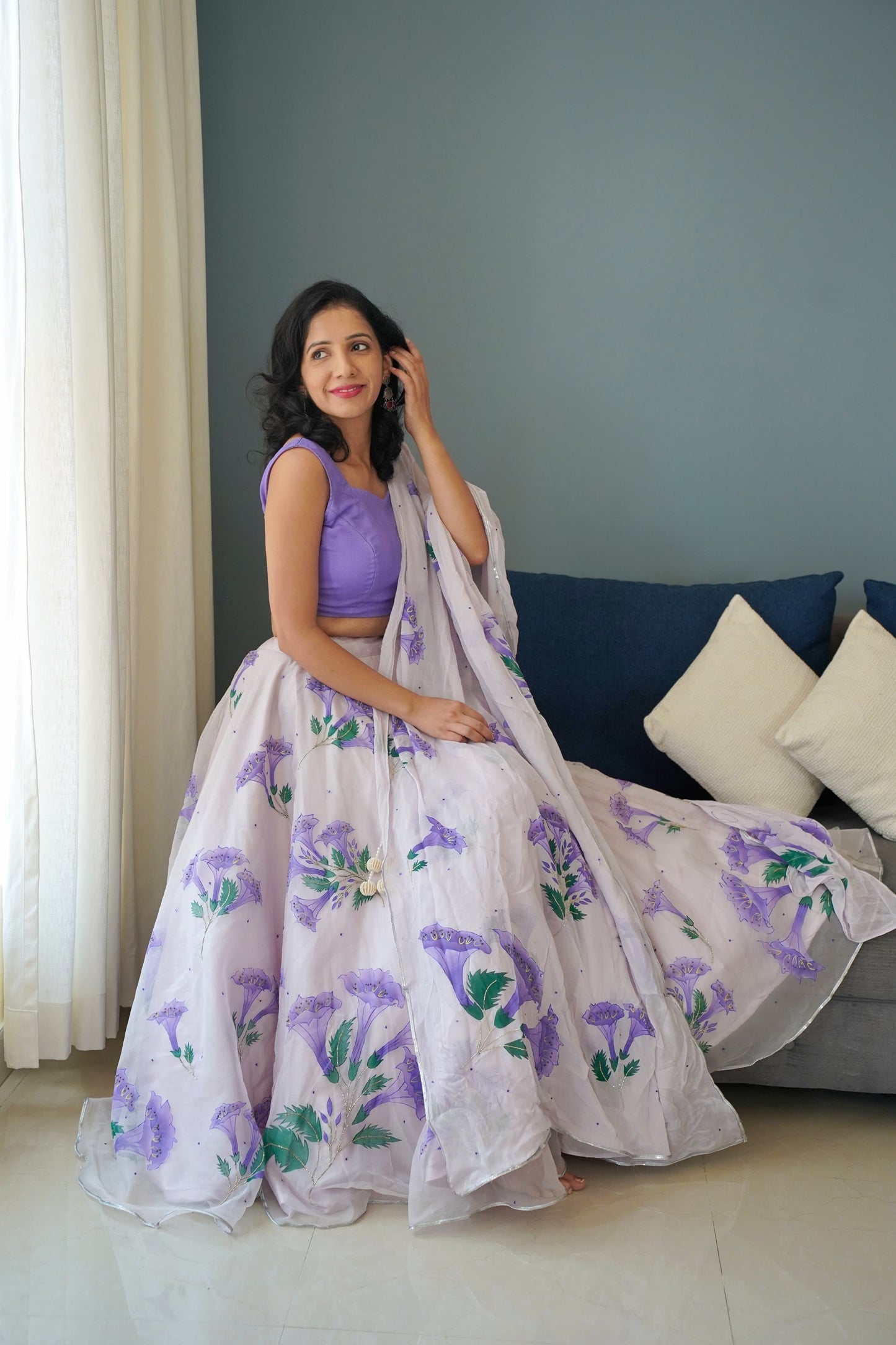 Hand-painted lilac bell flower silk organza lehenga