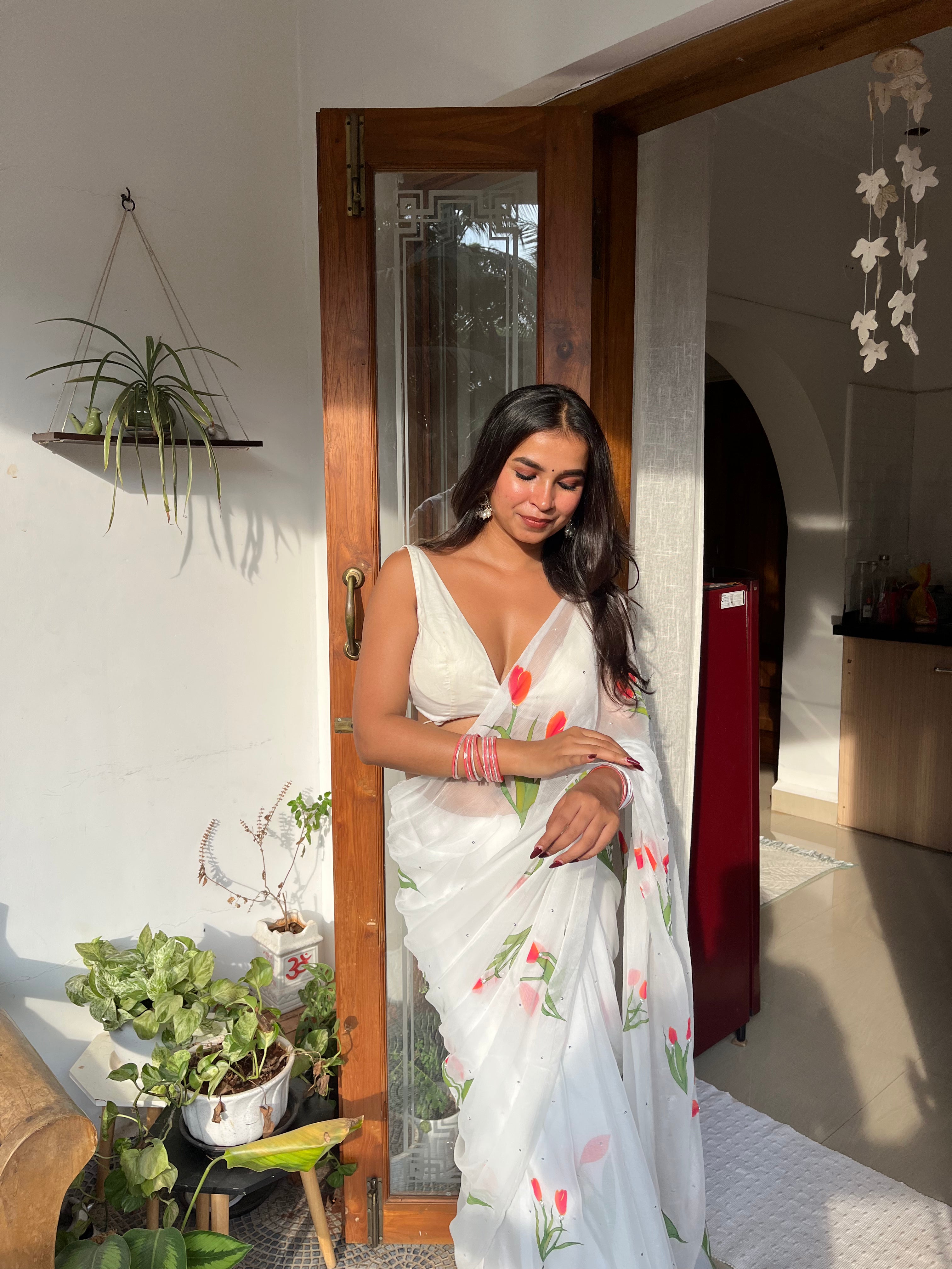Handpainted and Hand embroidered White Chiffon Tulip Saree