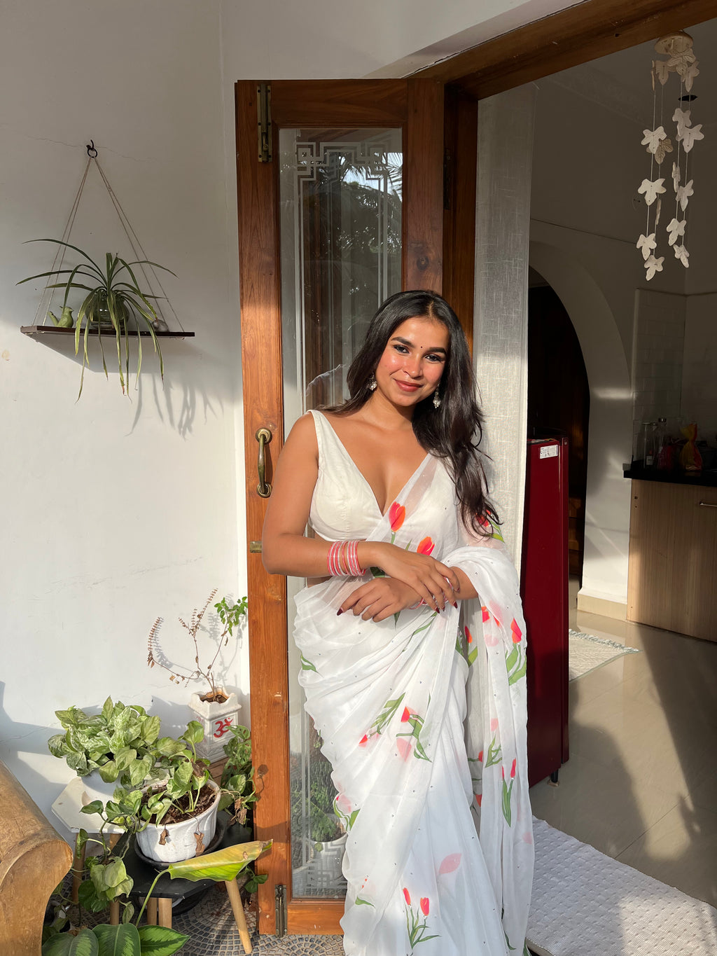 Handpainted and Hand embroidered White Chiffon Tulip Saree