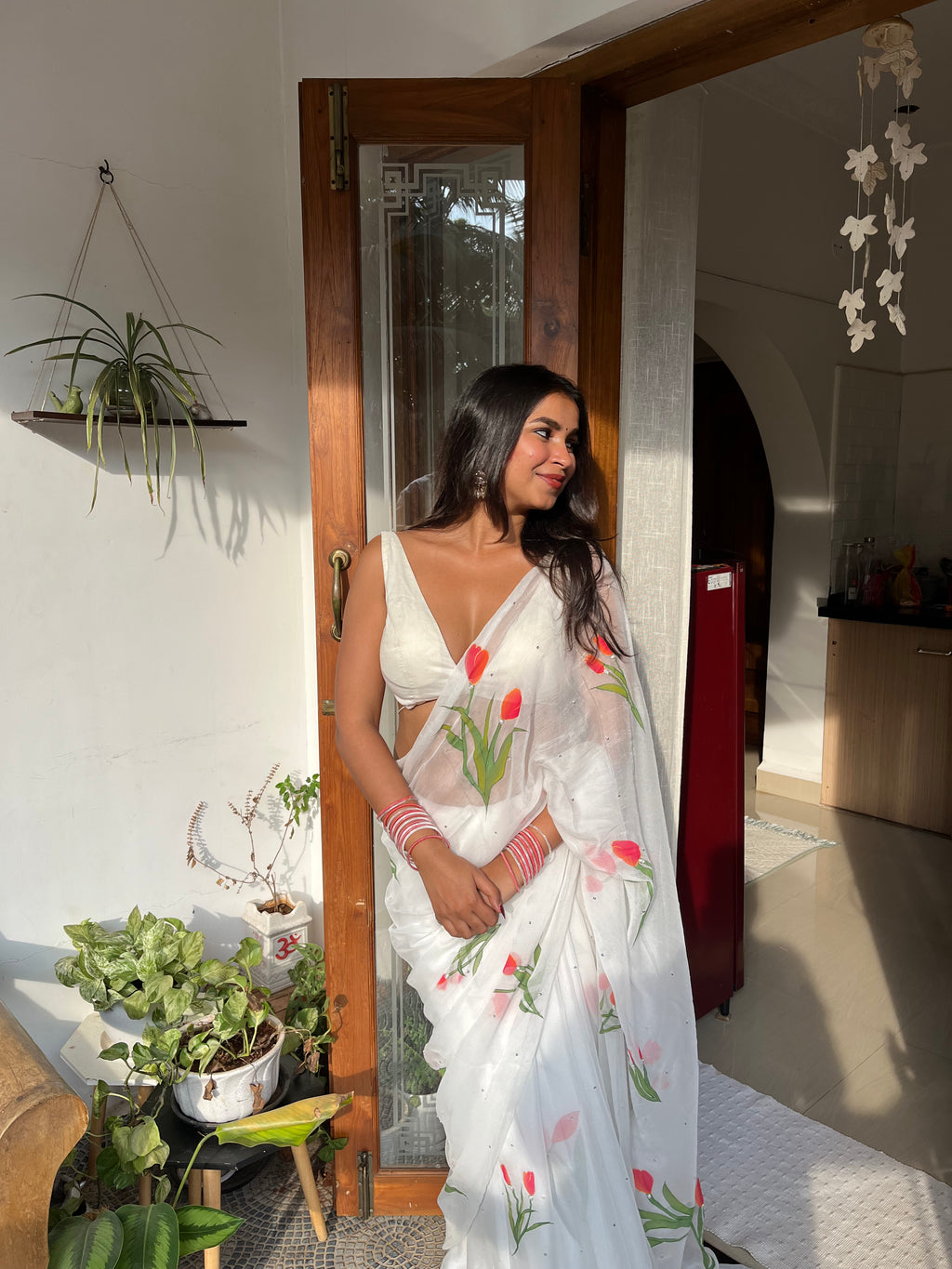 Handpainted and Hand embroidered White Chiffon Tulip Saree