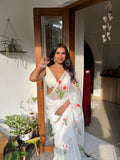 Handpainted and Hand embroidered White Chiffon Tulip Saree