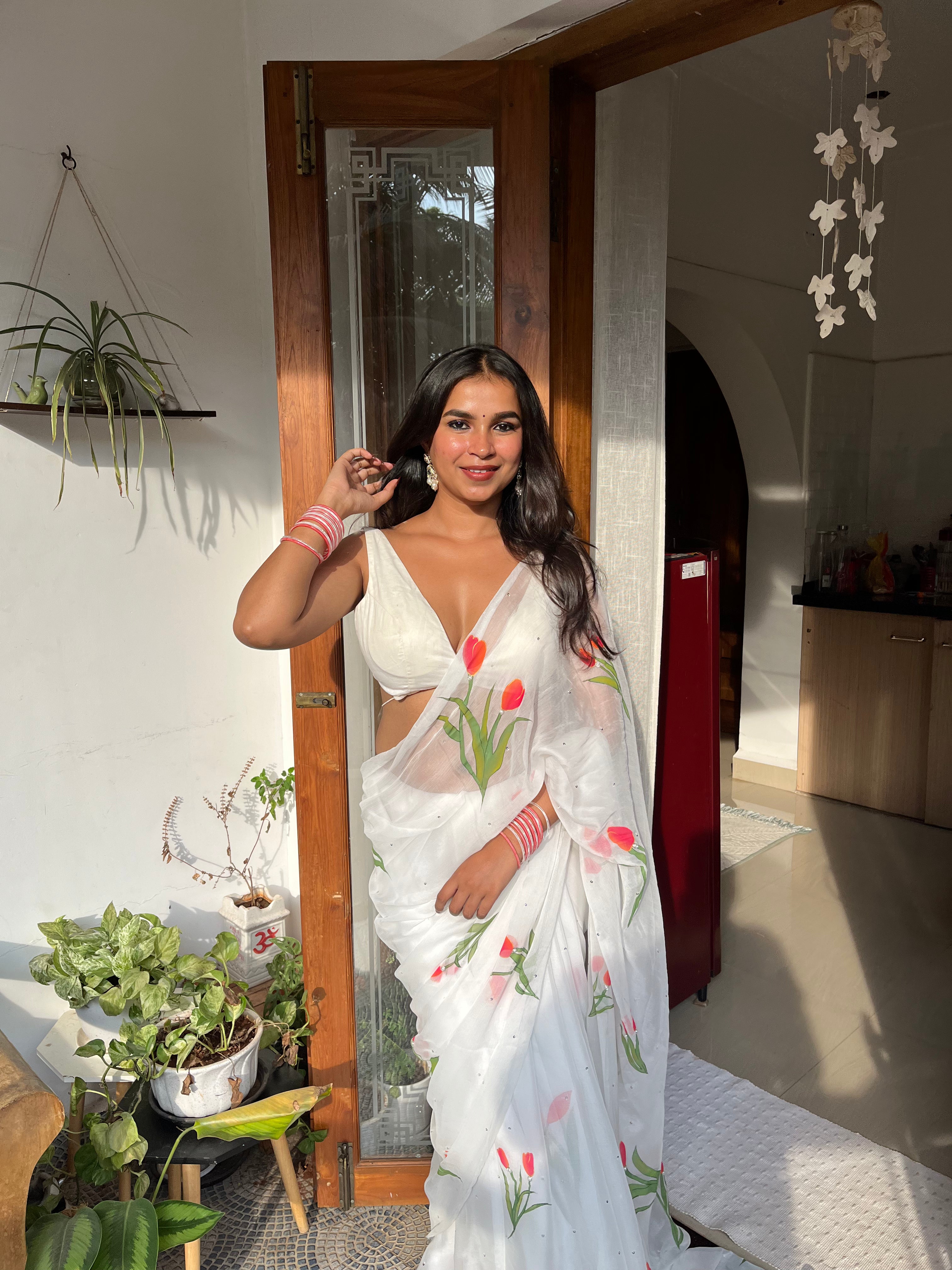 Handpainted and Hand embroidered White Chiffon Tulip Saree
