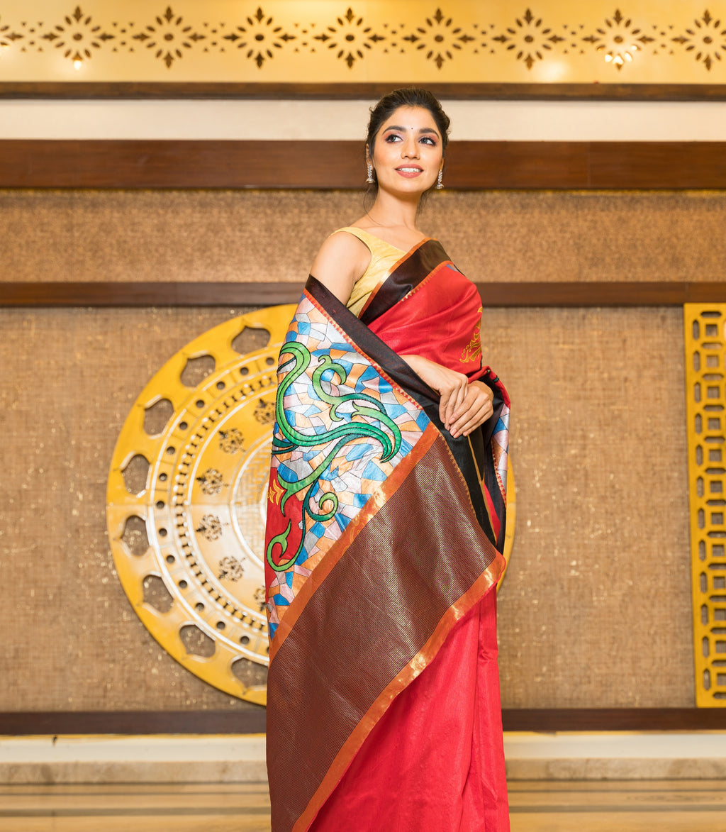 Handpainted and Hand embroidered Red Sambalpuri Silk Saree