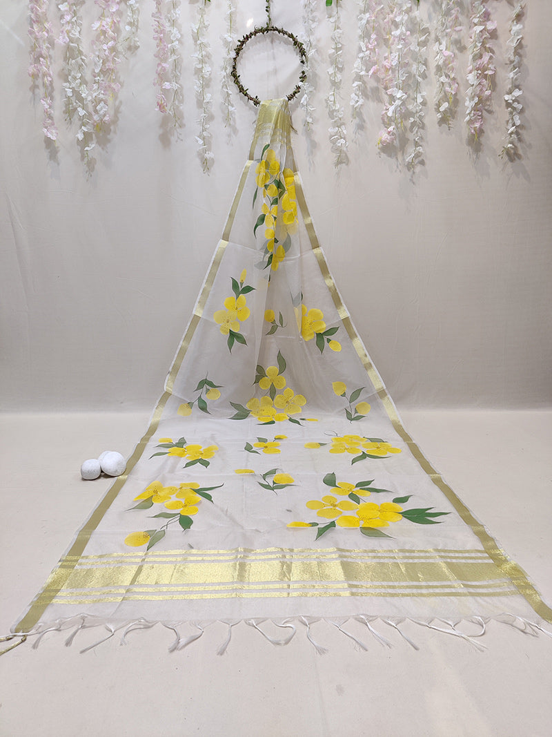Handpainted White Organza Floral Dupatta