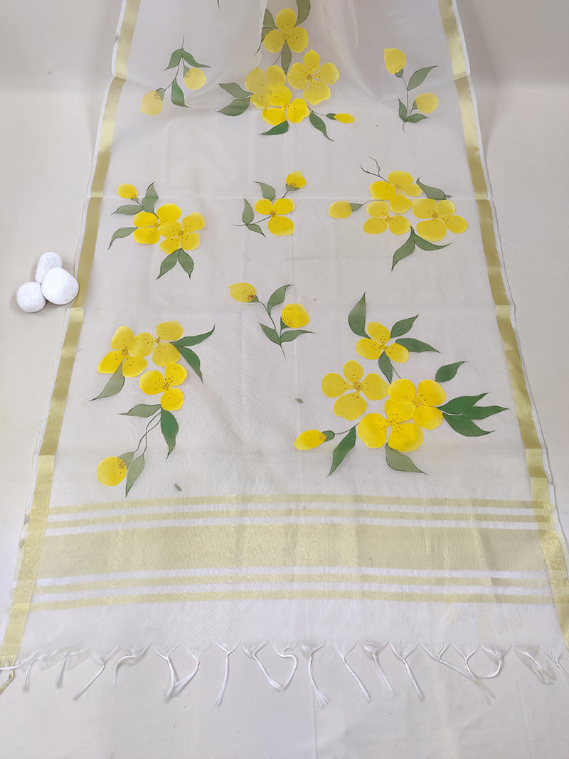 Handpainted White Organza Floral Dupatta
