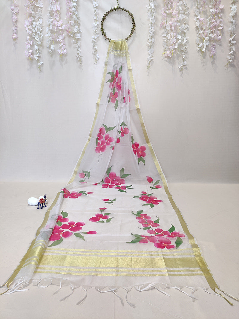 Handpainted White Organza Floral Dupatta