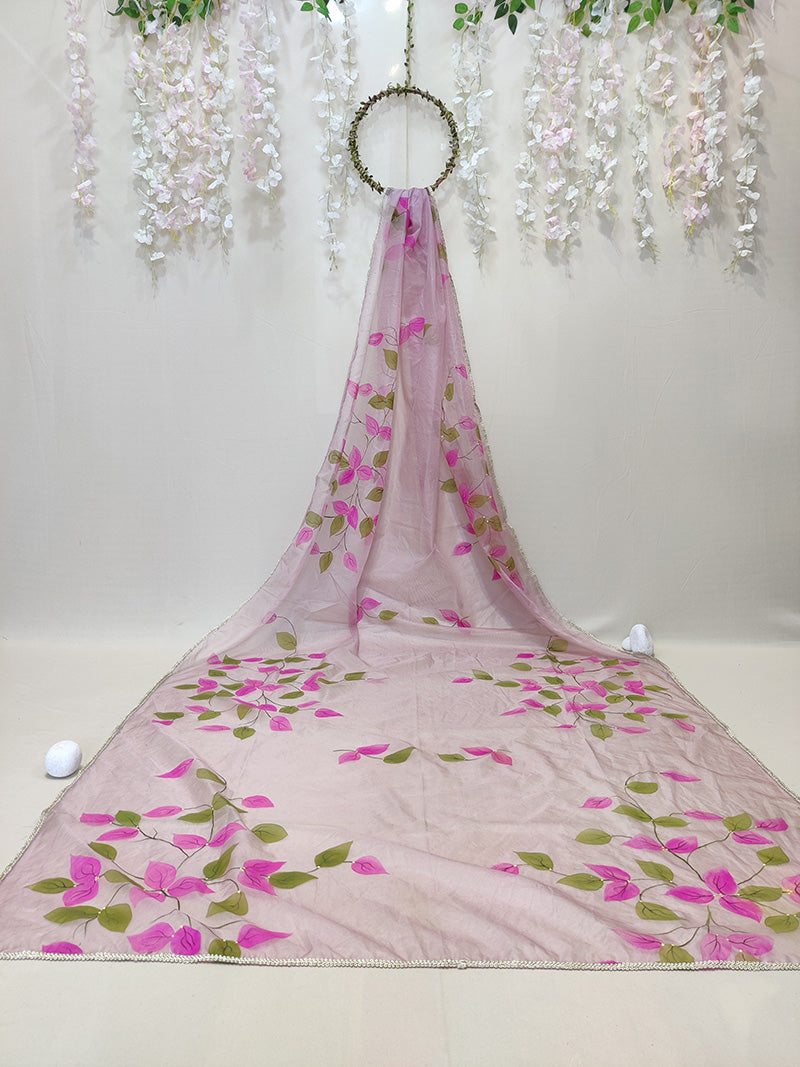 Handpainted Mauve Pure Silk Organza Bougainville Dupatta