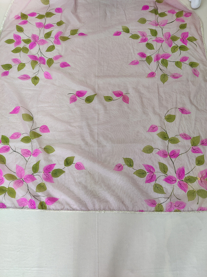 Handpainted Mauve Pure Silk Organza Bougainville Dupatta