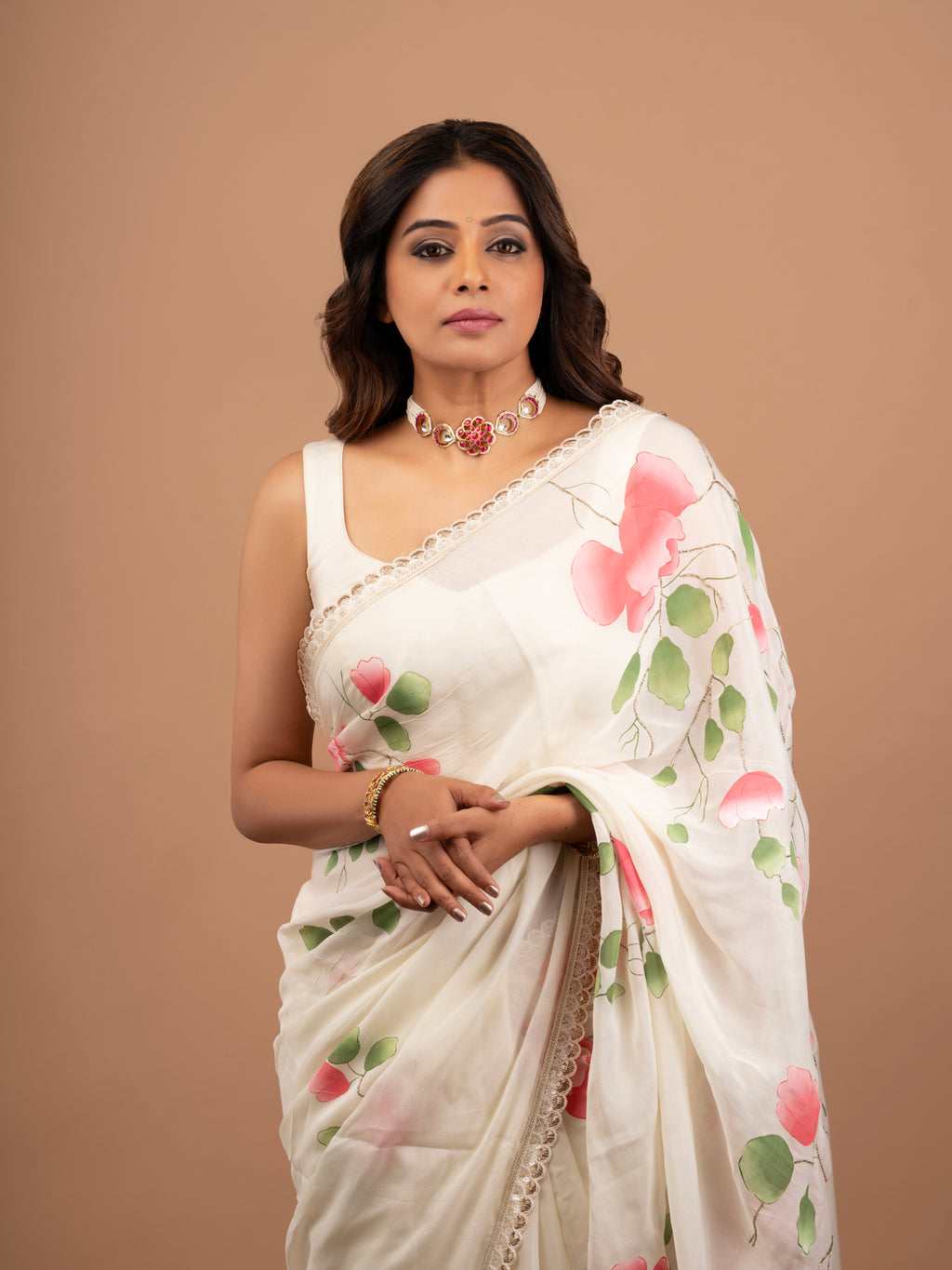 HandPainted and Hand embroidered Ivory Chinon Chiffon Spring Rose Saree