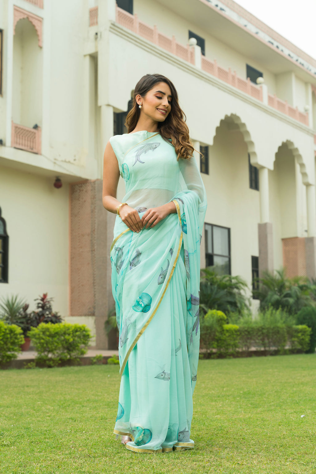 Hand-Painted Sea Green Chiffon Saree