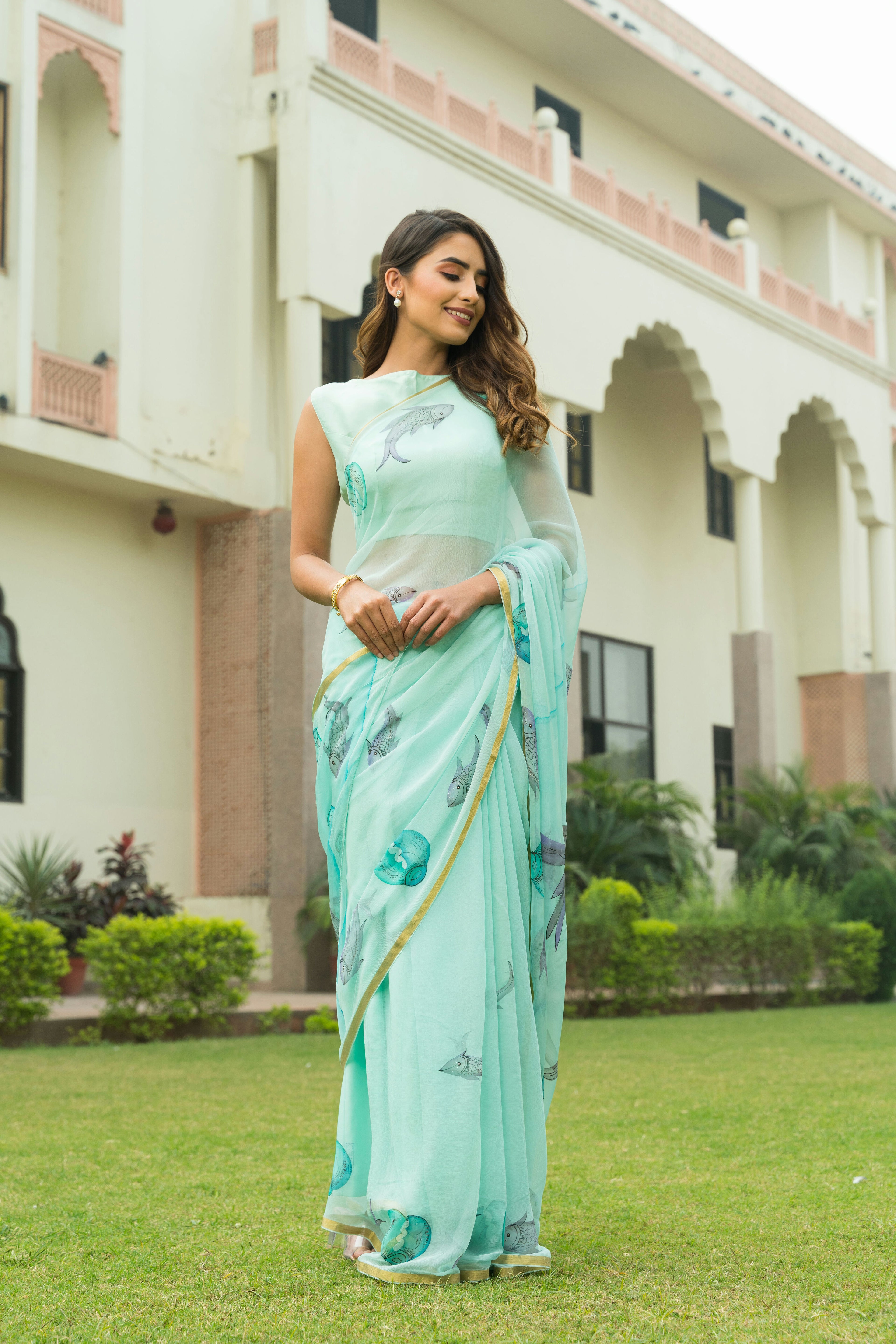 Hand-Painted Sea Green Chiffon Saree