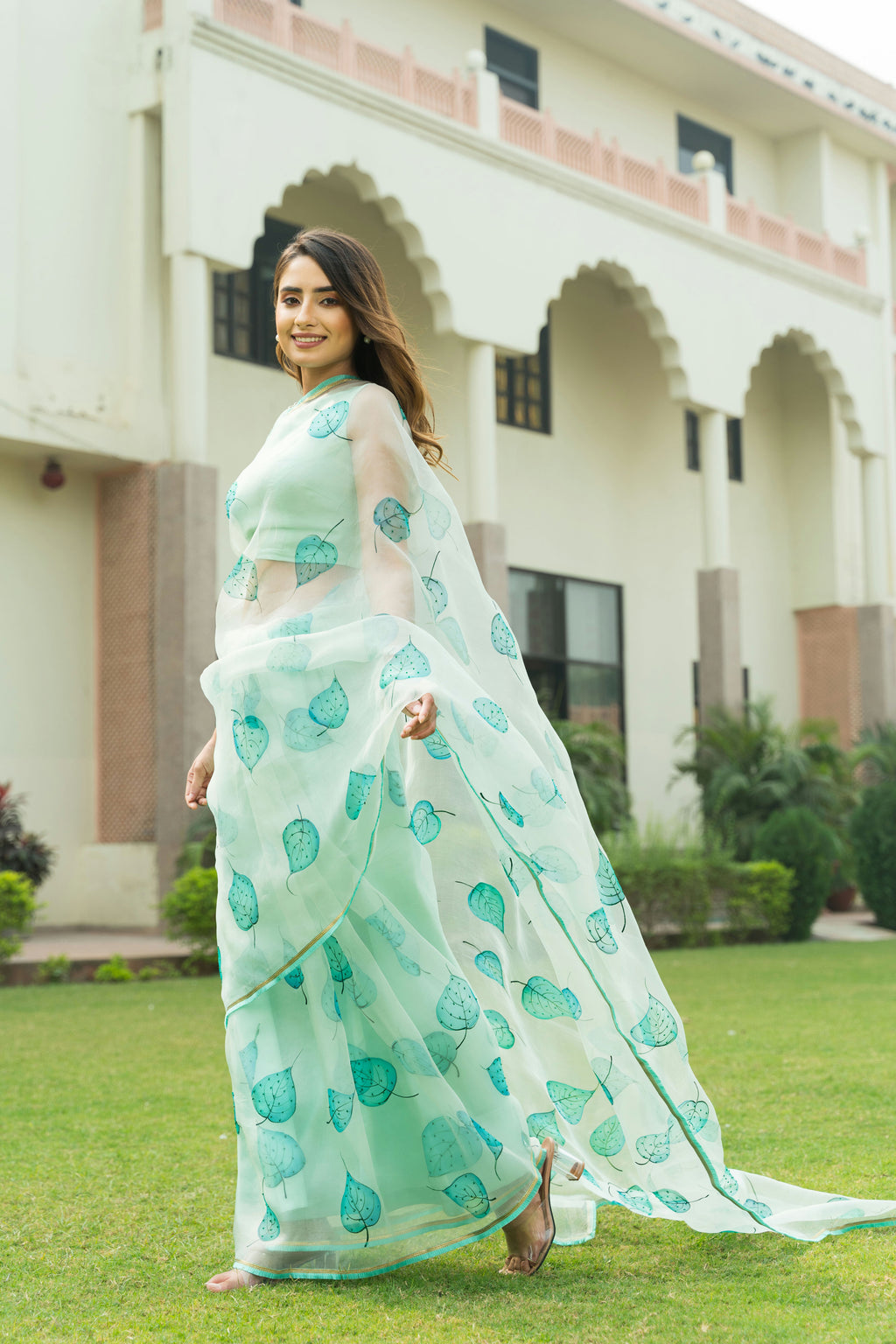 Handpainted and  Hand-Embroidered Pastel Green Pure Silk Organza Paati Saree