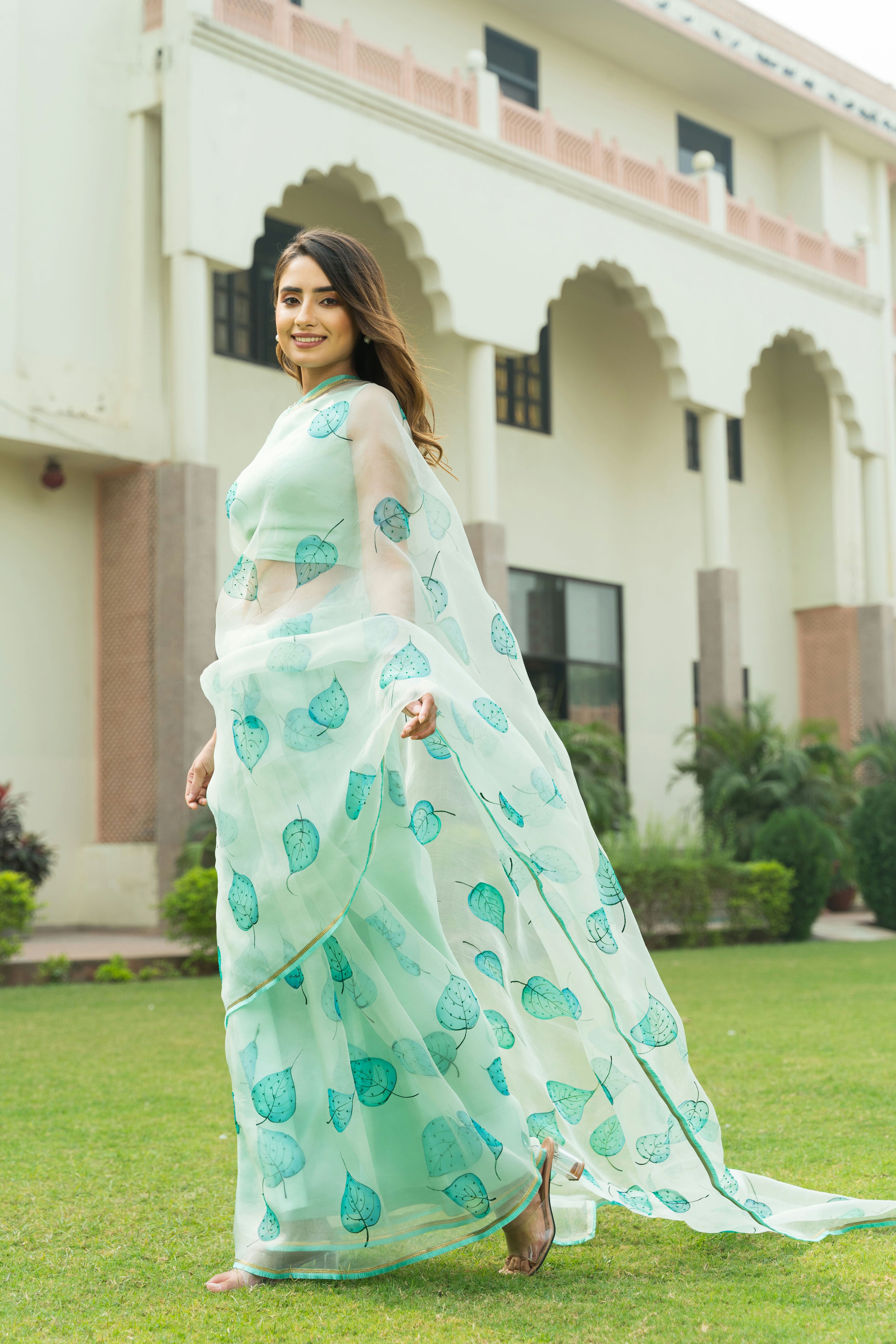 Handpainted and  Hand-Embroidered Pastel Green Pure Silk Organza Paati Saree