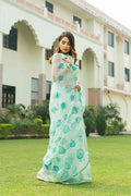 Pastel Green Silk Organza Saree with Hand-Embroidered Pearl Detailing