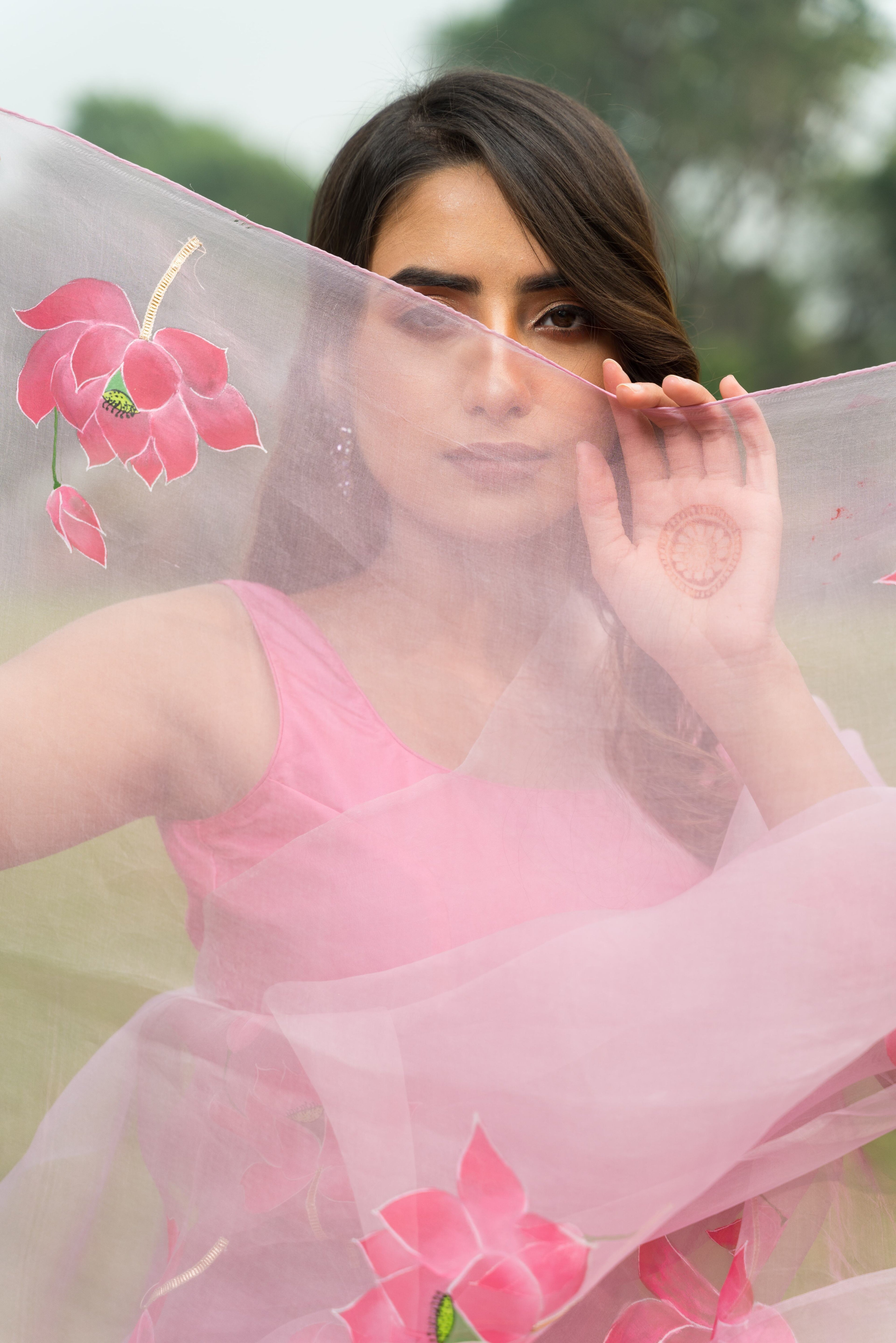 Handpainted Light Pink Pure Silk Organza Lotus Saree
