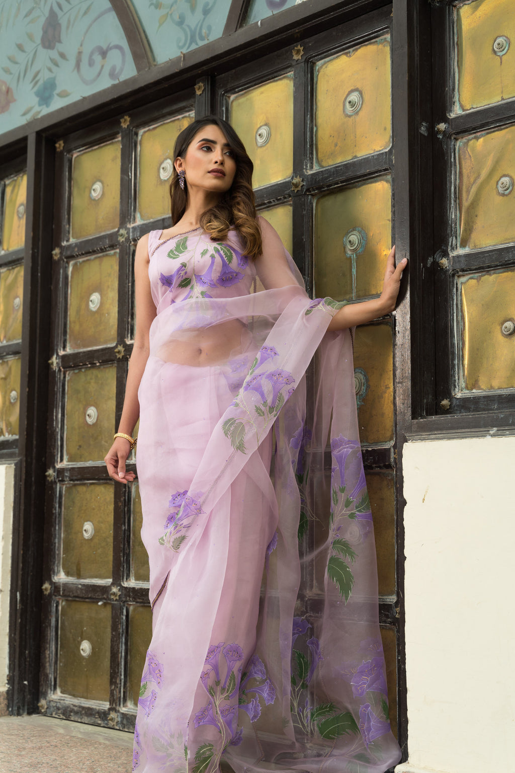 Handpainted and Hand embroidered Lilac Silk Organza Bell Flower Saree