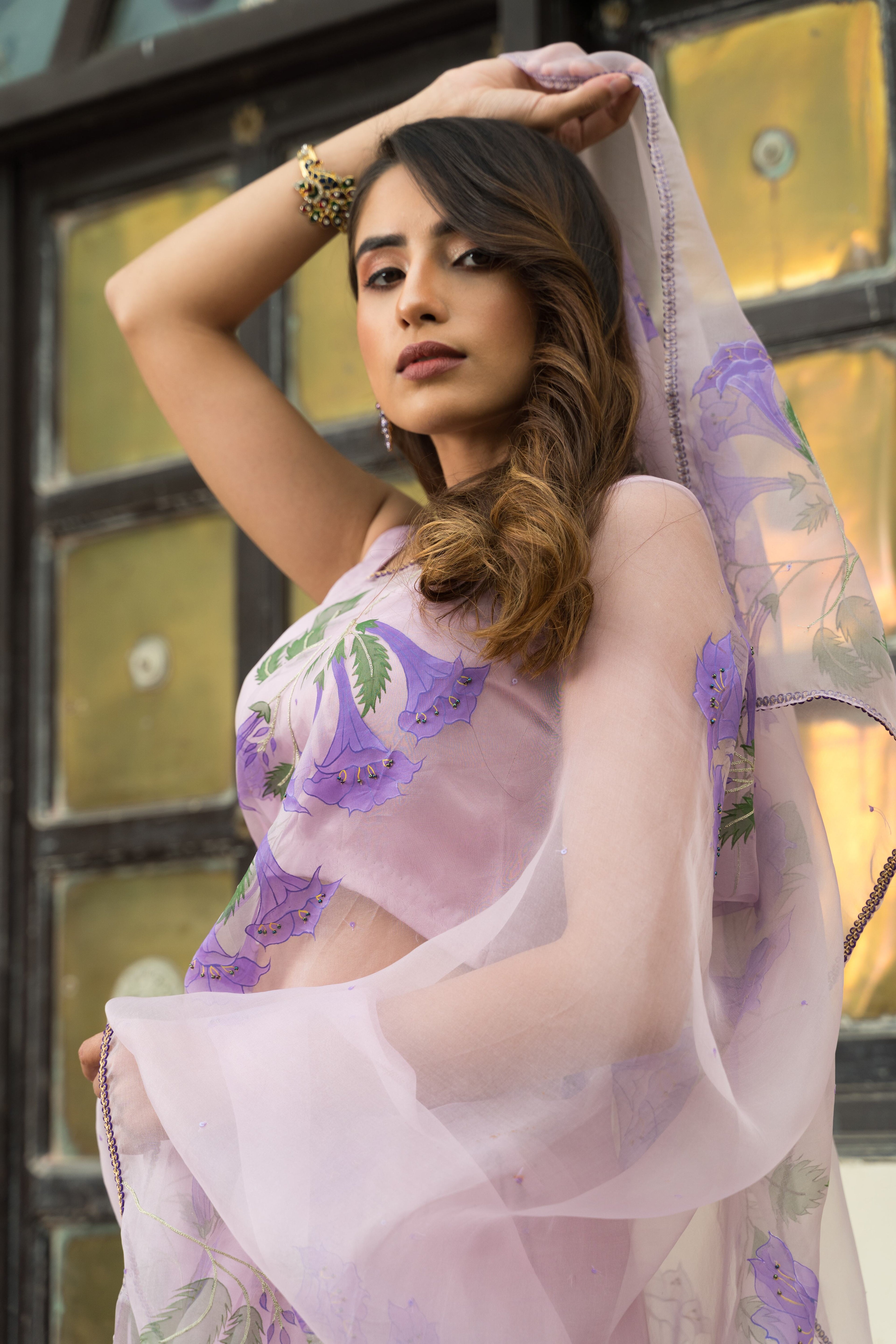 Handpainted and Hand embroidered Lilac Silk Organza Bell Flower Saree
