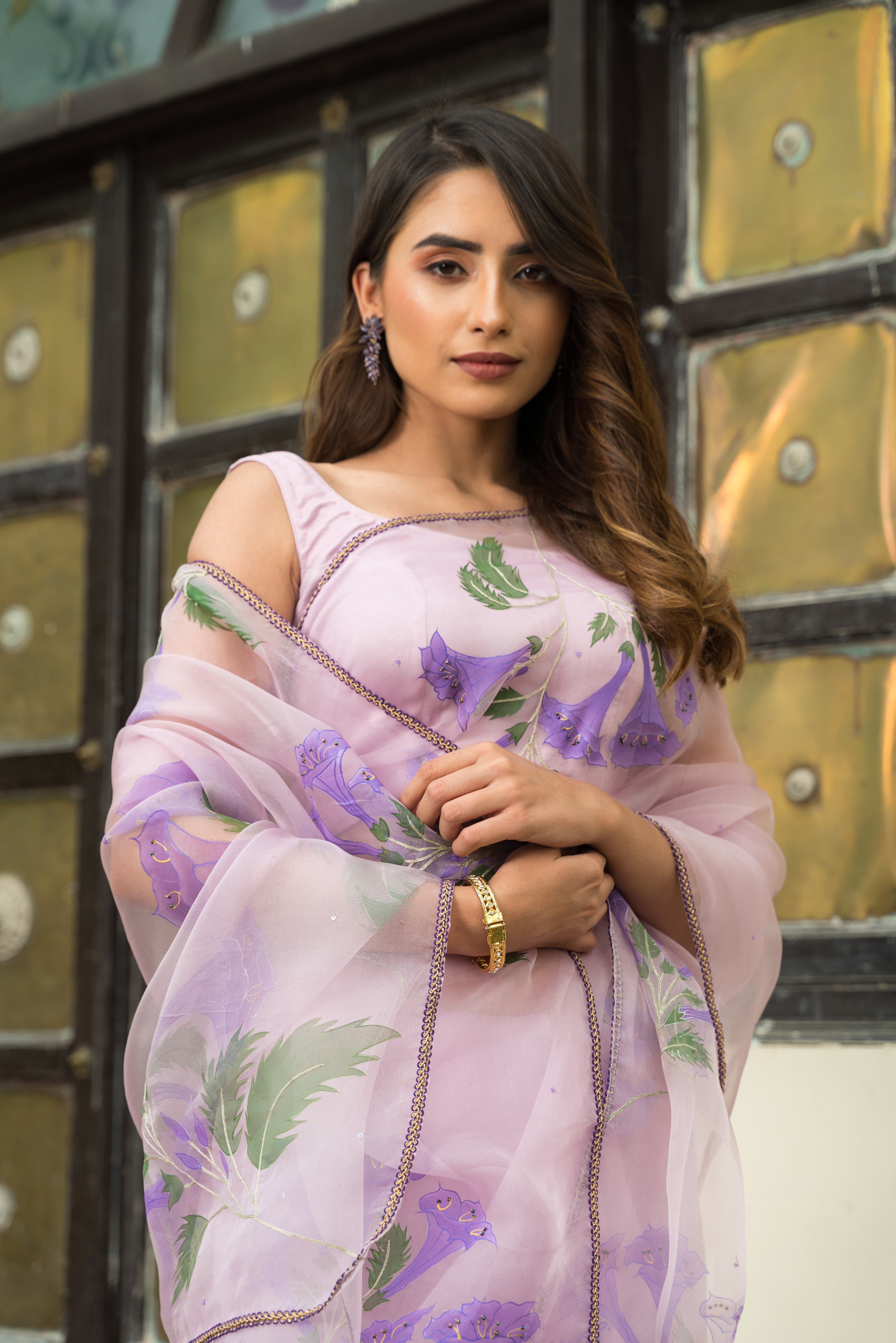 Handpainted and Hand embroidered Lilac Silk Organza Bell Flower Saree
