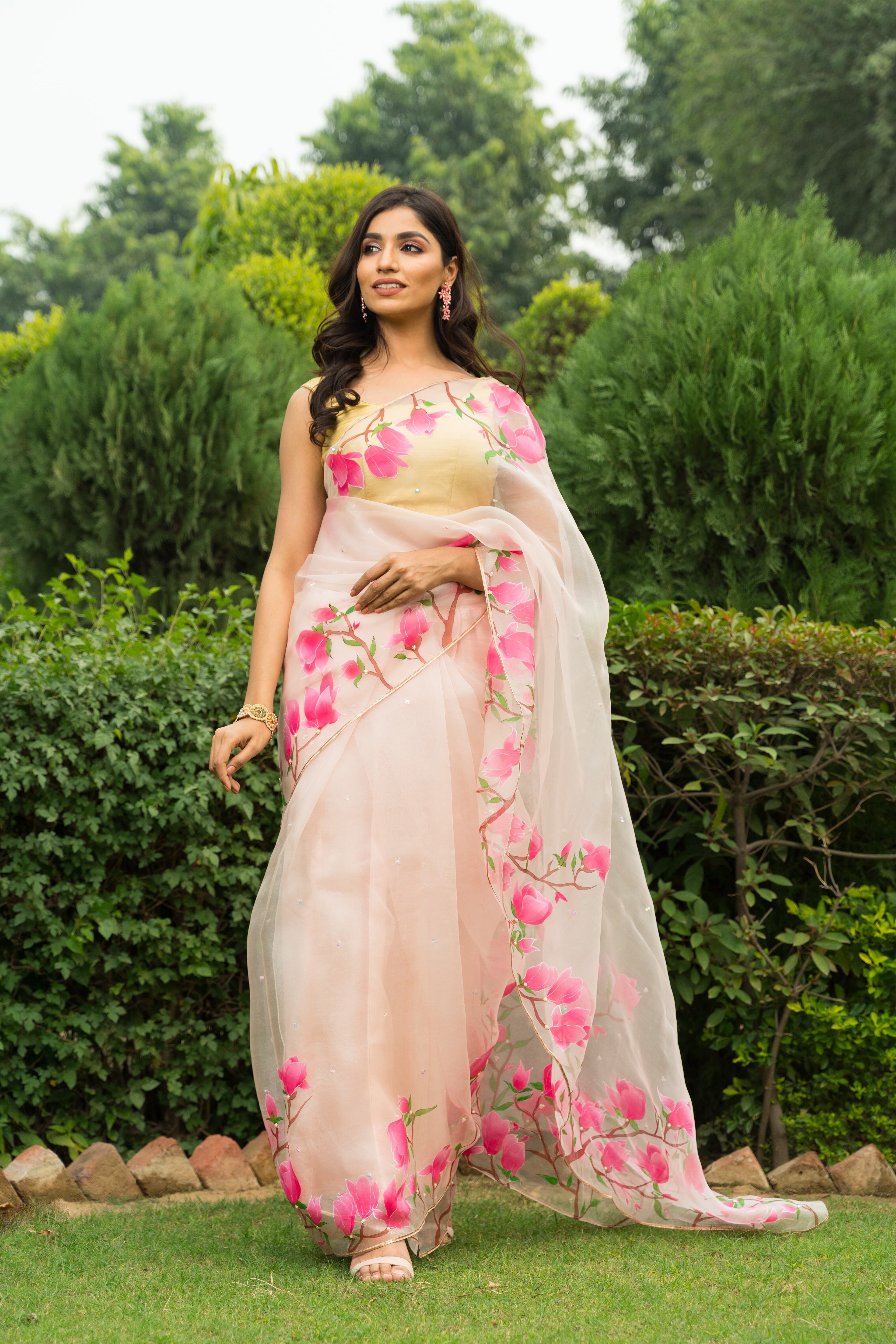 Handpainted and Hand embroidered Powder Pink Pure Silk Organza Magnolia Saree